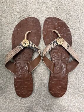 Tory Burch Brown Snake-Print Leather Flip Flops with Gold Accent